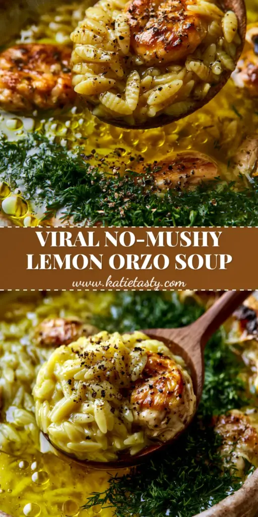Chicken Orzo Soup with Lemon and Fresh Dill 4 A vertical photo of a rustic bowl of chicken orzo soup with golden broth, fresh dill, and a charred lemon slice. (chicken orzo soup)
