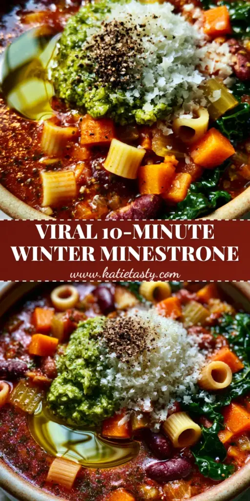 Winter Minestrone Soup: The Ultimate Hearty Tomato and Herb Recipe 3 A top-down view of Winter Minestrone Soup in a ceramic bowl with a dollop of pesto and shaved parmesan.