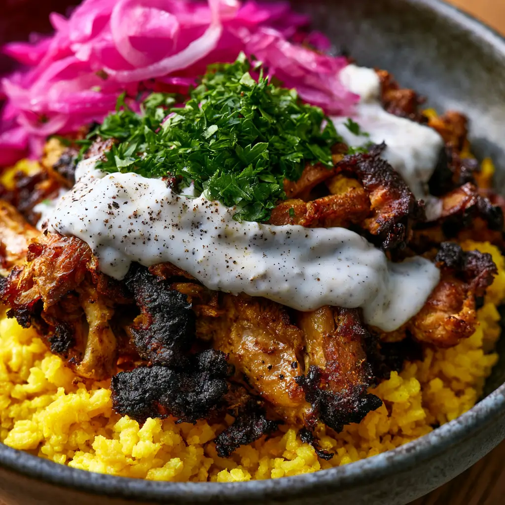 Extreme close up of charred chicken shawarma strips with white garlic sauce and cracked black pepper.