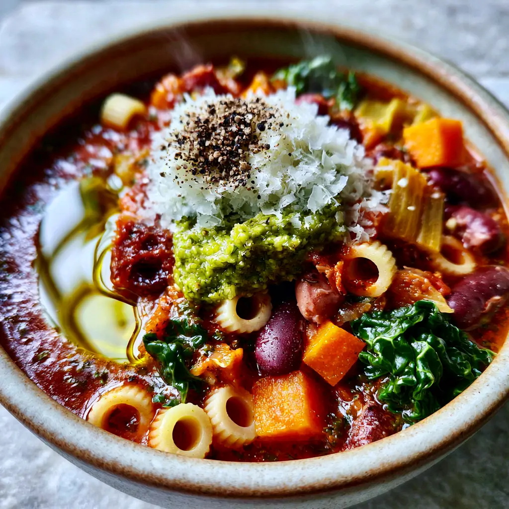 A close-up of Winter Minestrone Soup showing al dente ditalini, kidney beans, and shimmering red broth.
