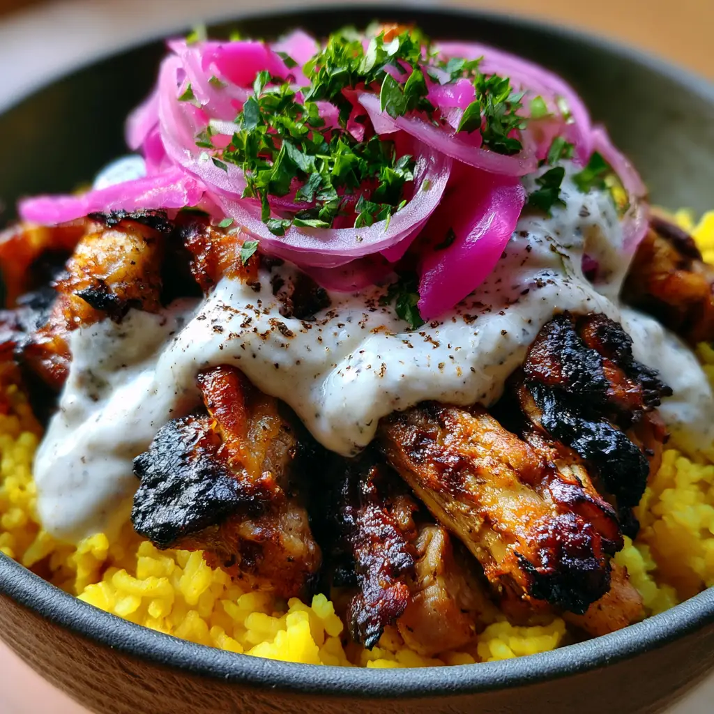 Vibrant Mediterranean bowl with turmeric rice, chicken shawarma, red onion, and magenta turnips.