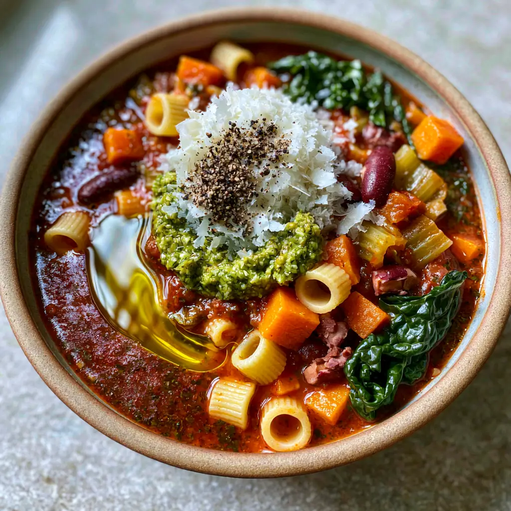 Winter Minestrone Soup: The Ultimate Hearty Tomato and Herb Recipe 1 A wide shot of a rustic ceramic bowl filled with steaming Winter Minestrone Soup on a stone background.