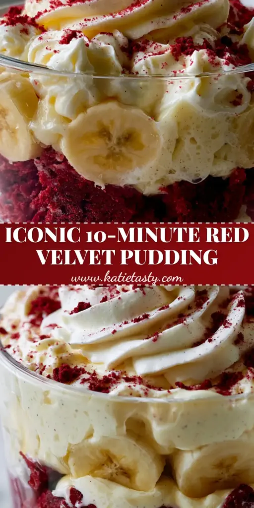 A towering Red Velvet Banana Pudding trifle showing vibrant red cake chunks, yellow bananas, and fluffy white cream cheese whipped cream layers.
